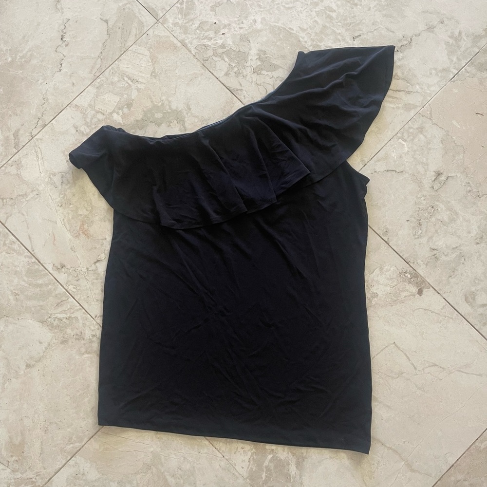 Inc Ruffled One Shoulder Black Top (New) Size L